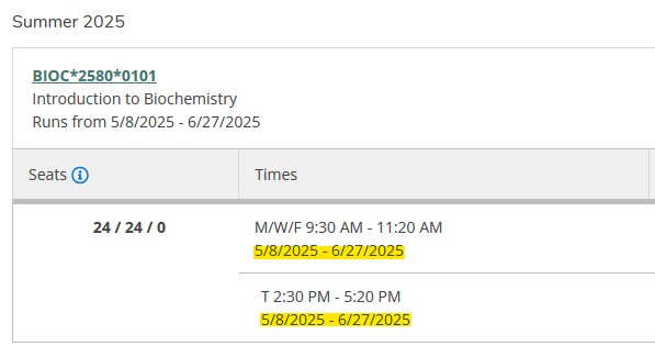 Screenshot of WebAdvisor showing BIOC*2580 section 0101